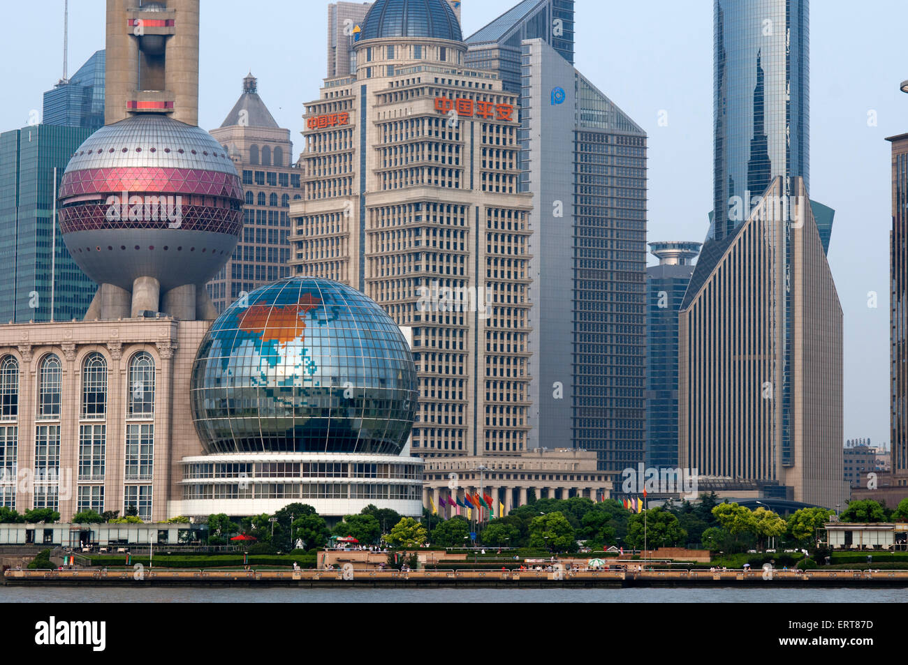 Pudong Skyline, Shanghai, China. Skyline of Pudong as seen from the Bund, with landmark Oriental Pearl tower and Jin Mao tower, Stock Photo
