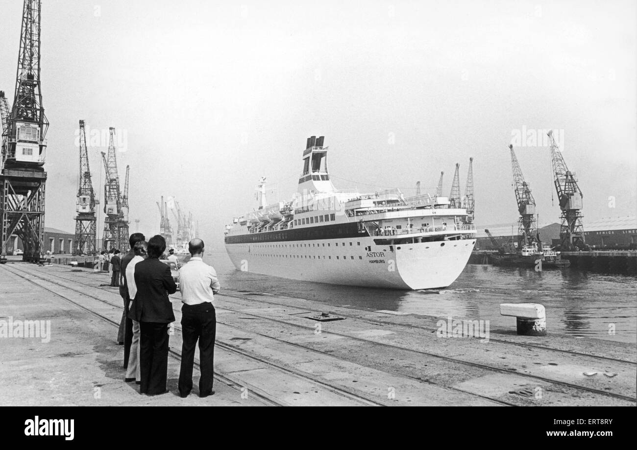 The luxury liner Astor seen here leaving Tees Dock 3rd June 1982 Stock Photo