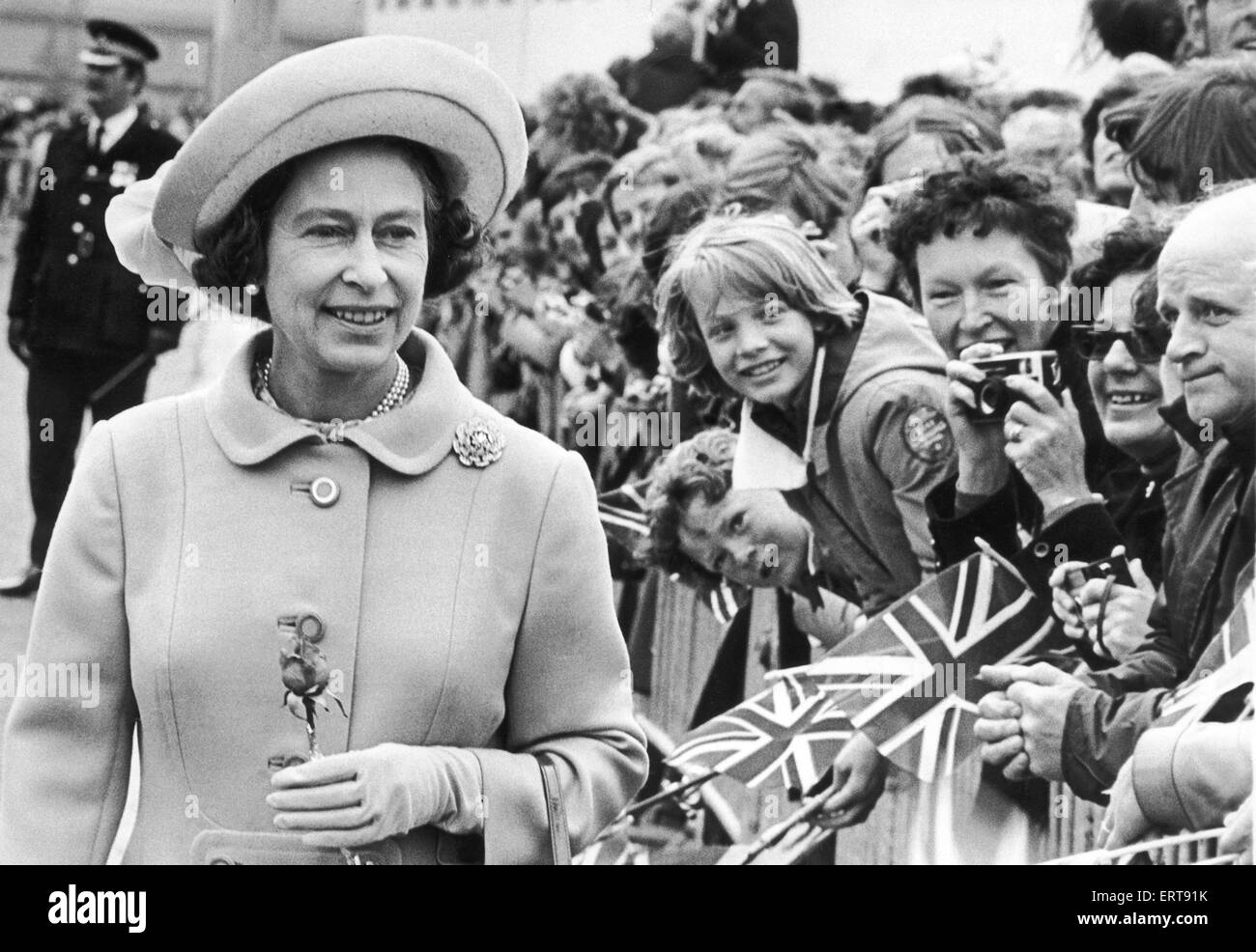 Smiles all round as the Queen arrives at Tees Dock, Middlesbrough, at the start of her Cleveland Silver Jubilee tour. 14th July 1977 Smiles all round as the Queen arrives at Tees Dock, Middlesbrough, at the start of her Cleveland Silver Jubilee tour. 14th July 1977