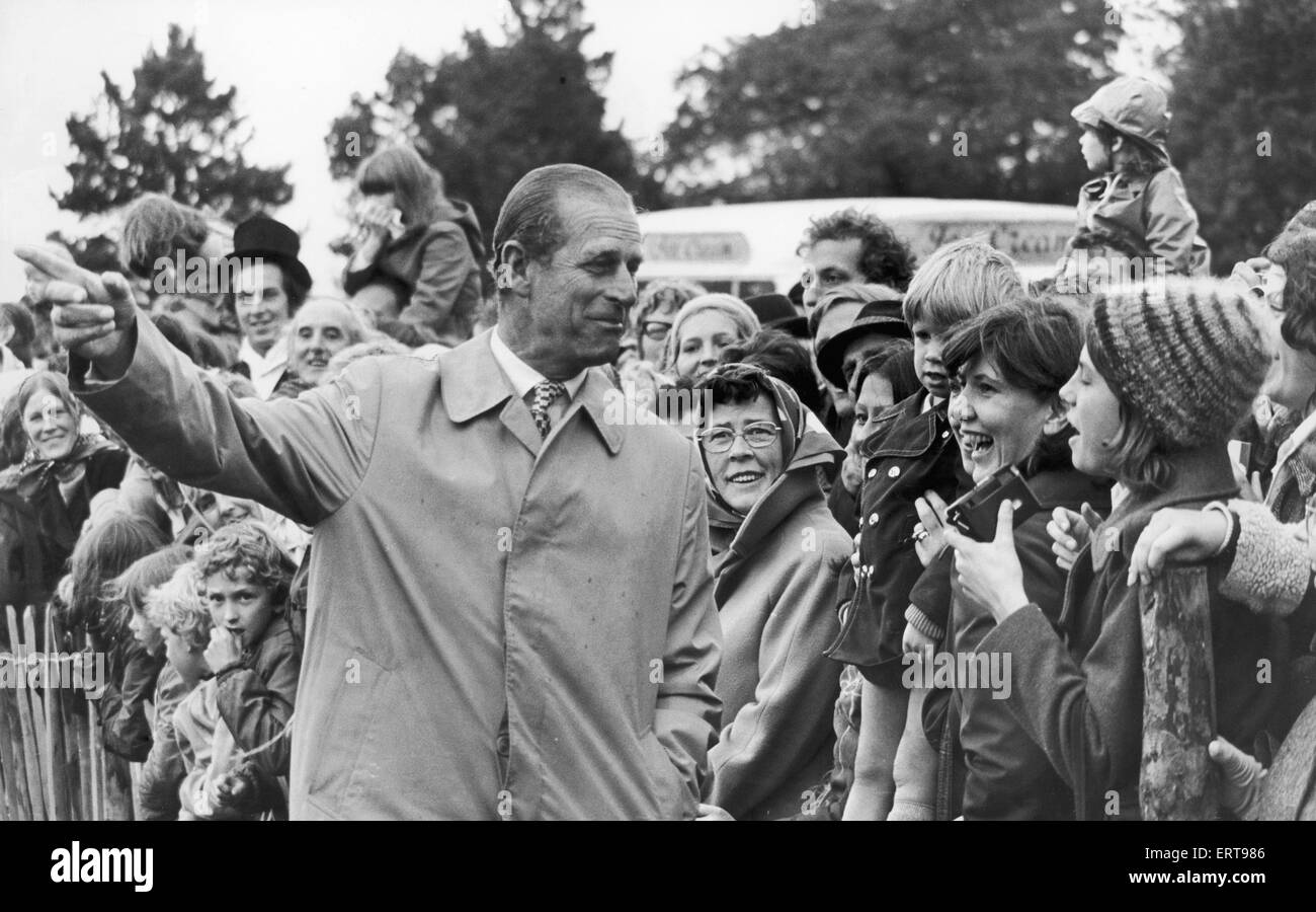 Prince Phillip the Duke of Edinburgh seen here chatting with the crowds gathered in Saltburn  Gardens to celebrate the 150th anniversary of the Darlington to Stockton railway. 27th September 1975 Stock Photo