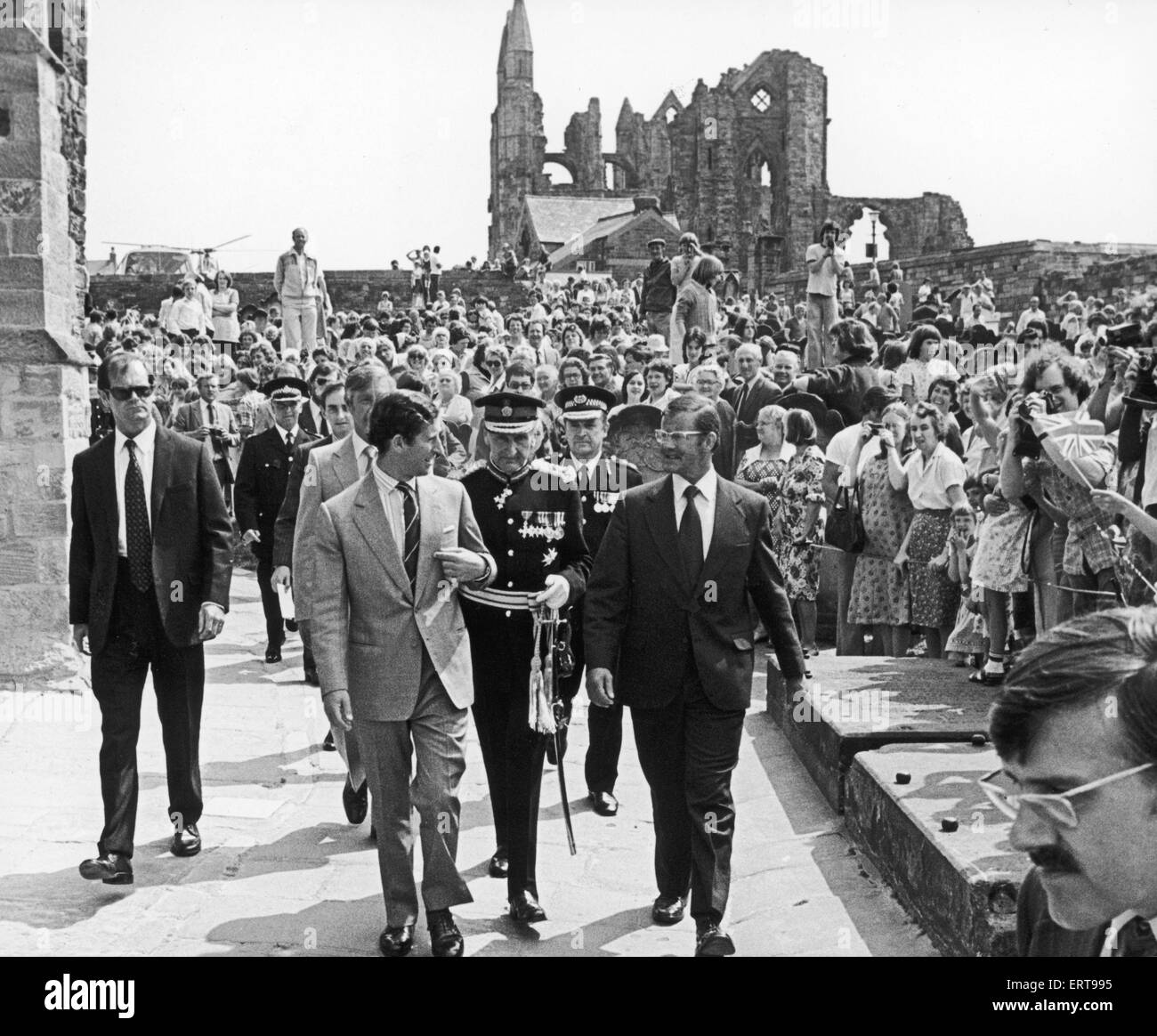 Prince Charles  is greeted by large crowds on his arrival at Whitby Abbey during the Royal Tour of Cleveland. 1st June 1978 Stock Photo