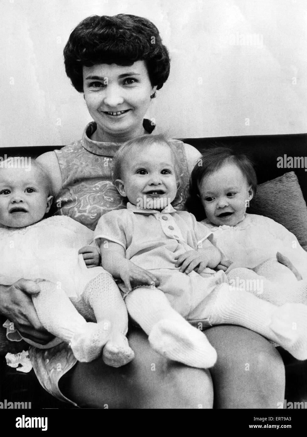 The three surviving babies of the sextuplets born to Mrs Norman Thorns of Selly Oak, Birmingham, Julie, Susan and Roger. They would be one year old a few days after this photo was taken.  30th September 1969. Stock Photo