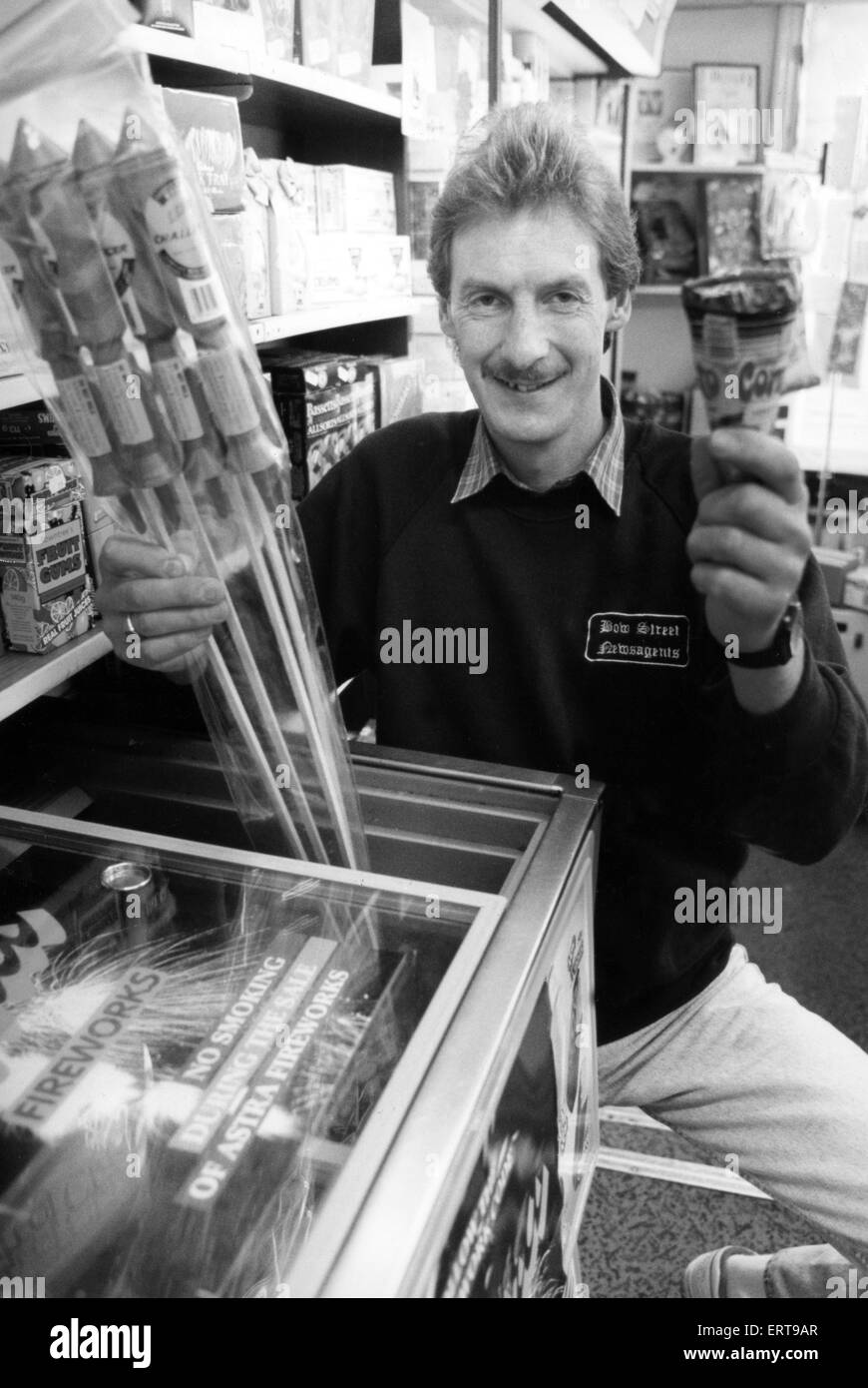 Middlesbrough newsagent Mel Taylor with his ice cream freezer which he has converted into a fireworks cabinet. 2nd November 1991 Stock Photo