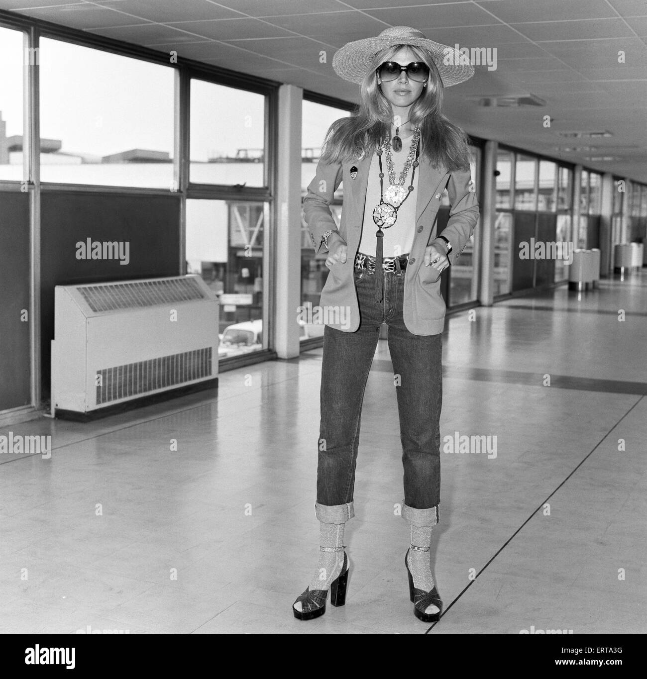 Britt Ekland leaves London Airport for Bangkok, where she is due to start filming 'The Man with the Golden Gun'. 13th April 1974. Stock Photo