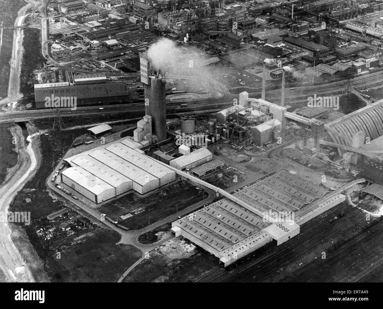 ICI's 312 foot high Nitram plant. The plant which cost ¿3 million was opened in November 1969. About ¿500,000 was spent on cutting noise and pollution. Haverton Hill Road runs across the middle of the picture. 30th May 1972. Stock Photo