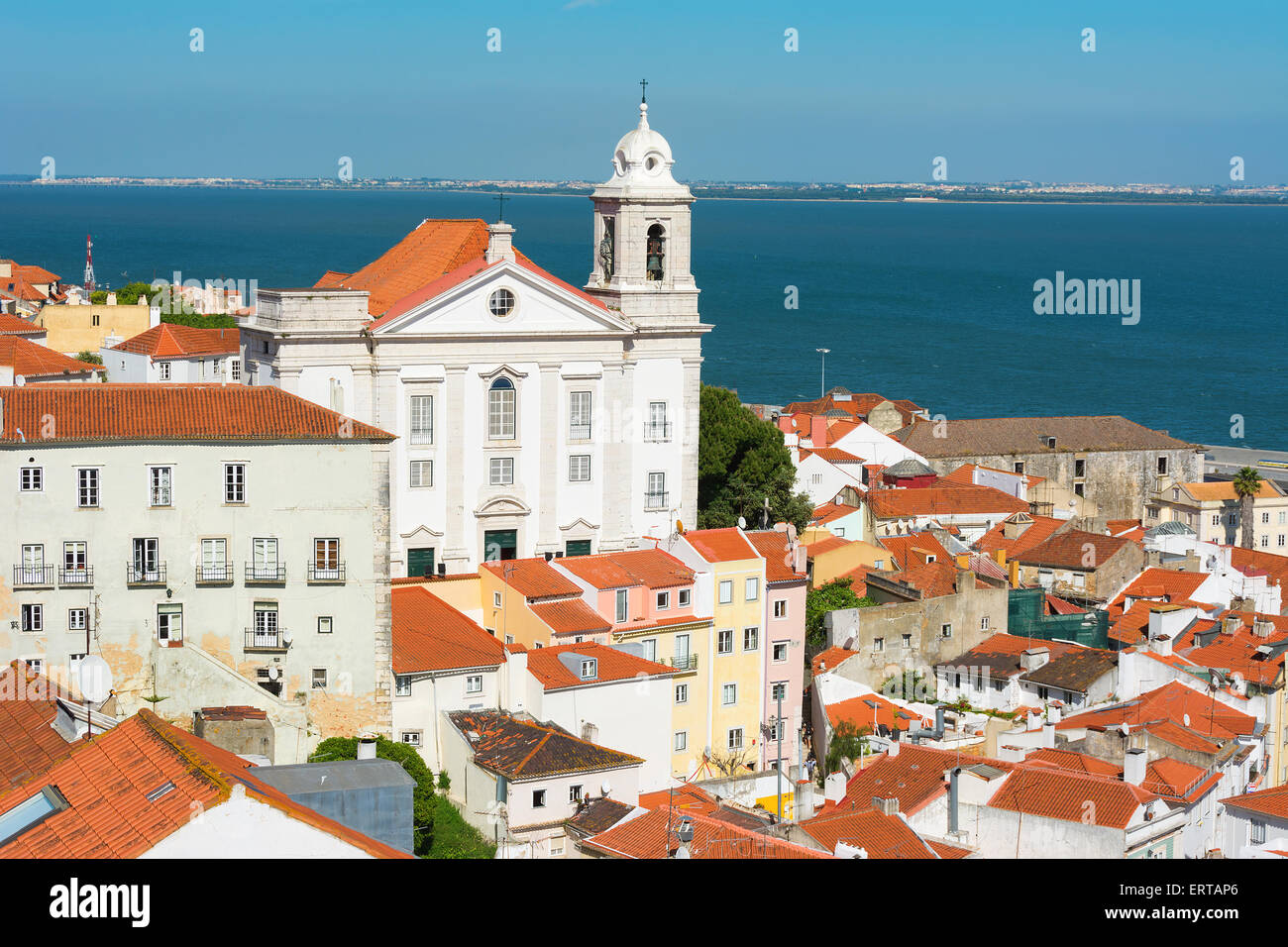 View of St Stephen's church(Igreja de Santo Estevao) Lisbon with Tagus river in the background. Stock Photo