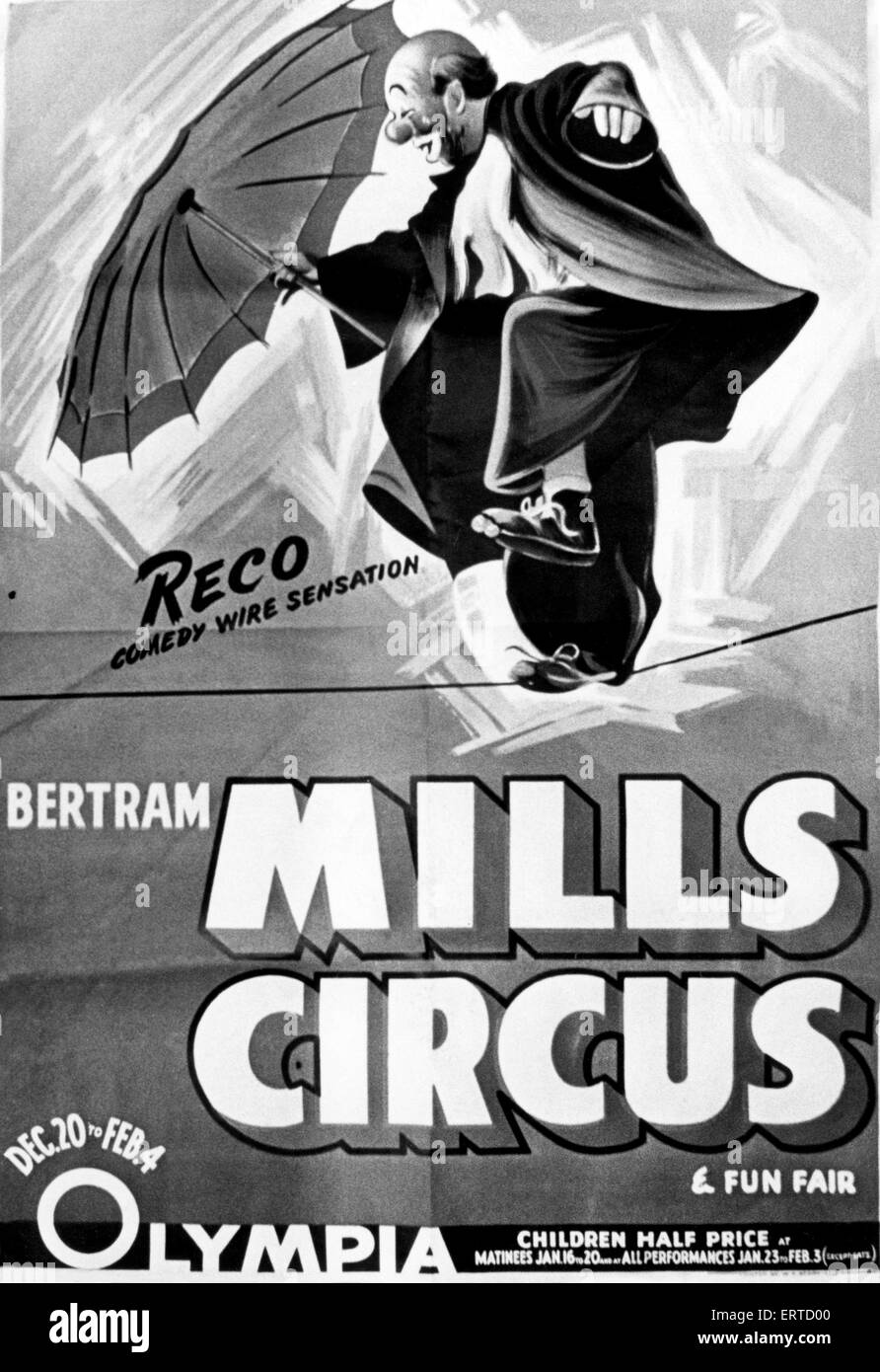 Poster for Bertram Mills Circus, image shows Reco comedy wire sensation. 20th July 1979. Stock Photo