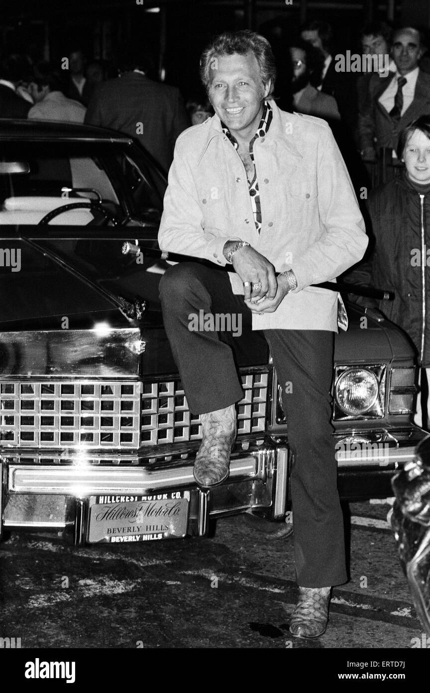 Stuntman Evel Knievel arrives in London ahead of his jump at Wembley Stadium. 6th May 1975. Stock Photo