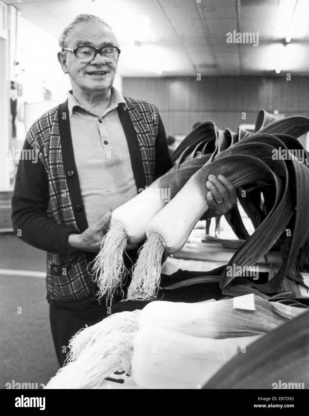 38th annual Billingham Agricultural Show. Committee member Jim Doherty shows one of the winning entries in the leek section. 26th August 1988 Stock Photo