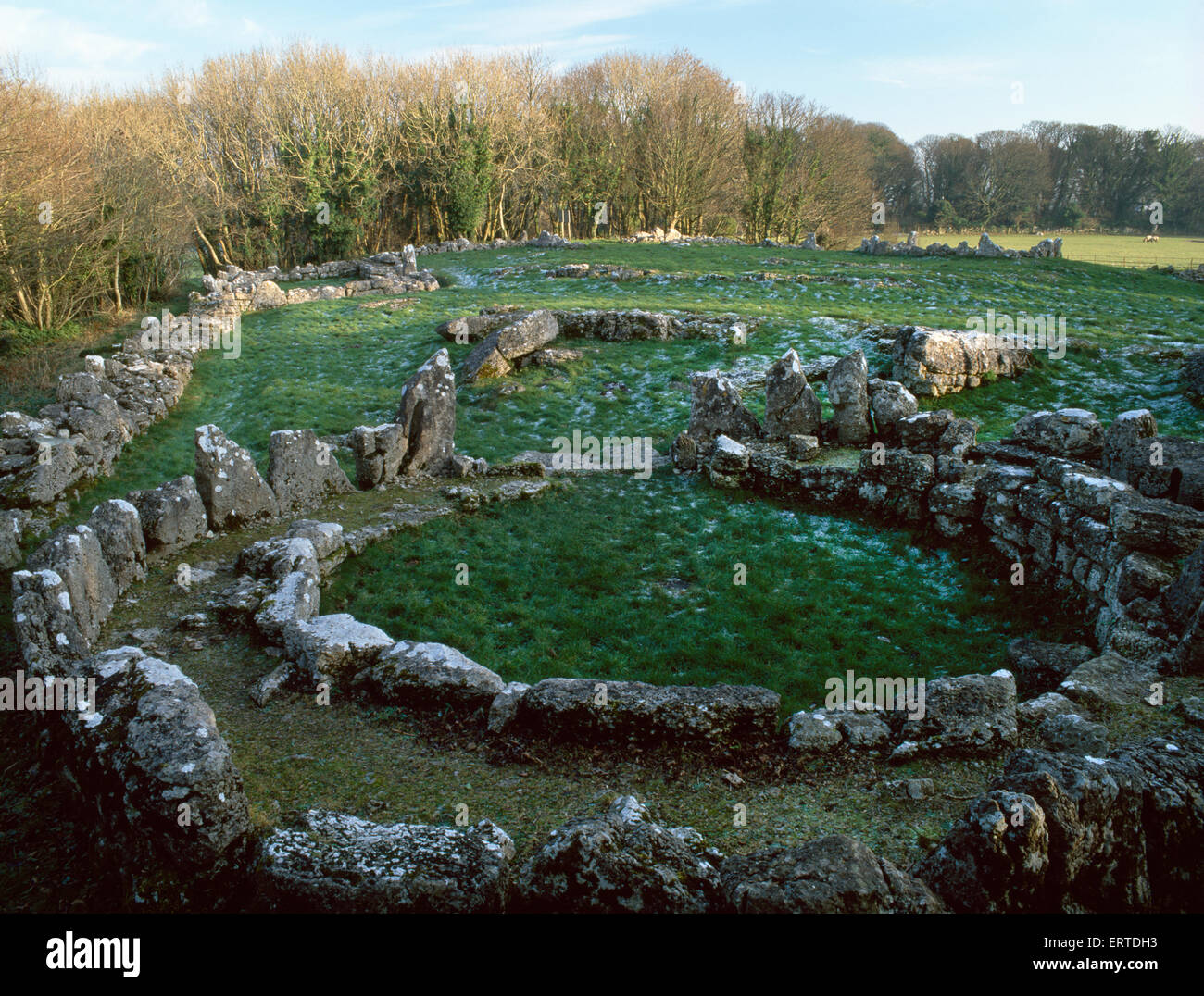 Din Lligwy enclosed hut group, Anglesey, looking SE at the main round house of a Roman-period, native British settlement. Stock Photo
