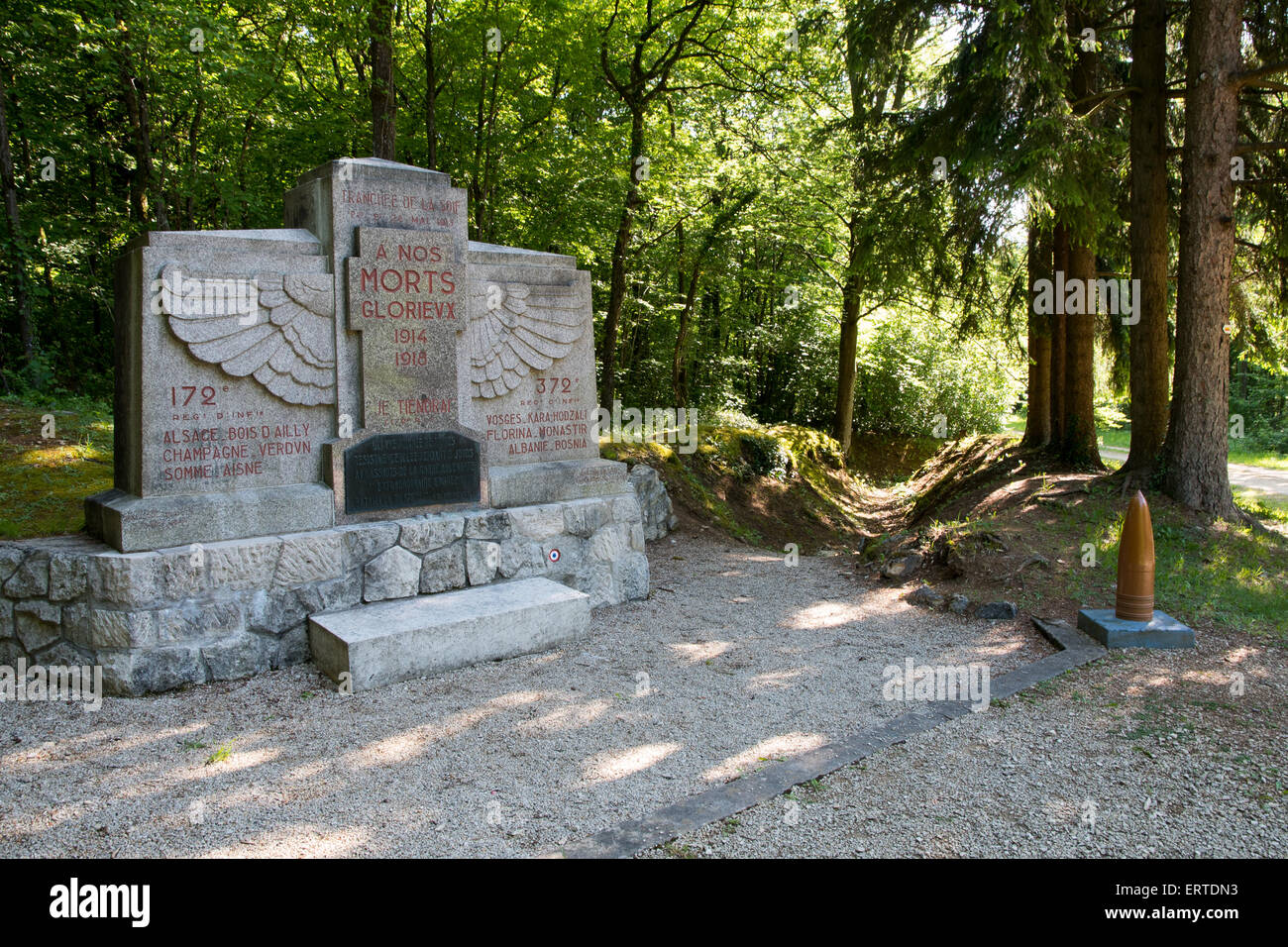 French battlefield WW1 war memorial in the 'Trench of Thirst,' Ailly Wood, St Mihiel salient, Lorraine, France Stock Photo