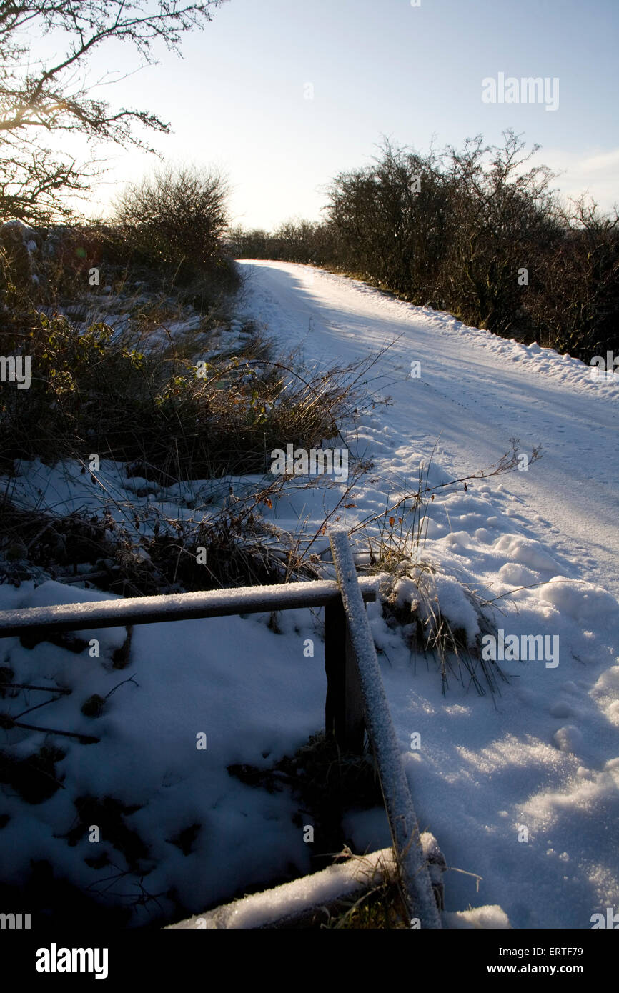 Footprints on a snow covered road at sunset, Glen Whilly, New Luce, Dumfries and Galloway, Scotland Stock Photo