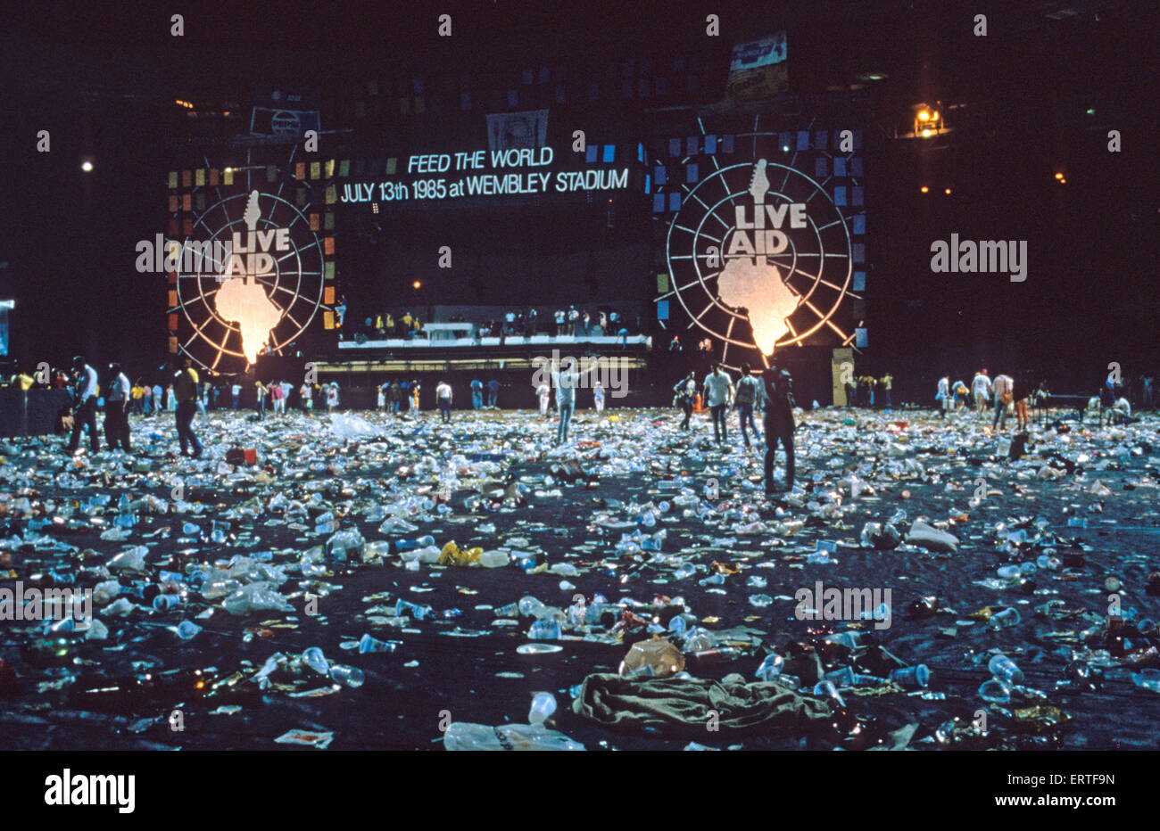 LIVE AID Wembley Stadium 13 July 1985. Clearing up.Photo Hanne Jordan Stock Photo