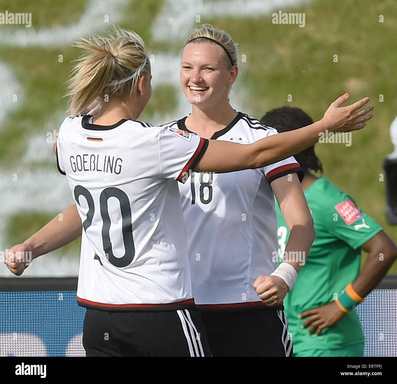 Ottawa, Canada. 07th June, 2015. Germany's Alexandra Popp celebrate her goal to 10-0 with Lena Goessling (L) during during the FIFA Women's World Cup 2015 Group B soccer match between Germany and Cote d'lvoire at the Lansdowne Stadium in Ottawa, Canada, 07 June 2015. Photo: Carmen Jaspersen/dpa/Alamy Live News Stock Photo