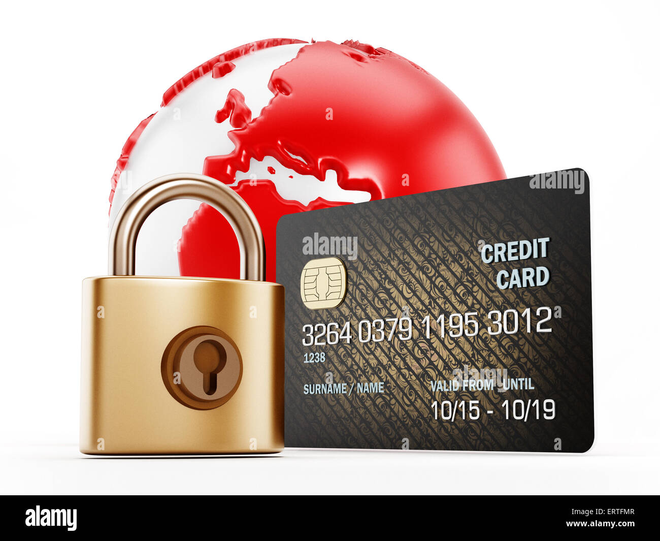 Earth, credit card and padlock isolated on white background Stock Photo