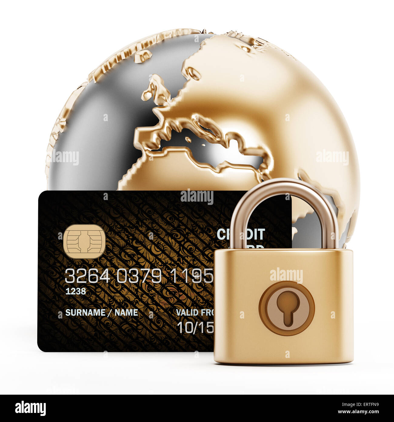 Earth, credit card and padlock isolated on white background Stock Photo