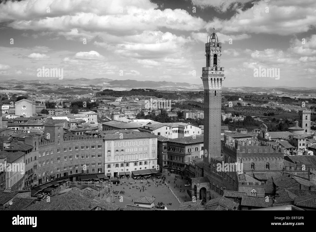 Campo Square with Mangia Tower, Siena, Italy Stock Photo