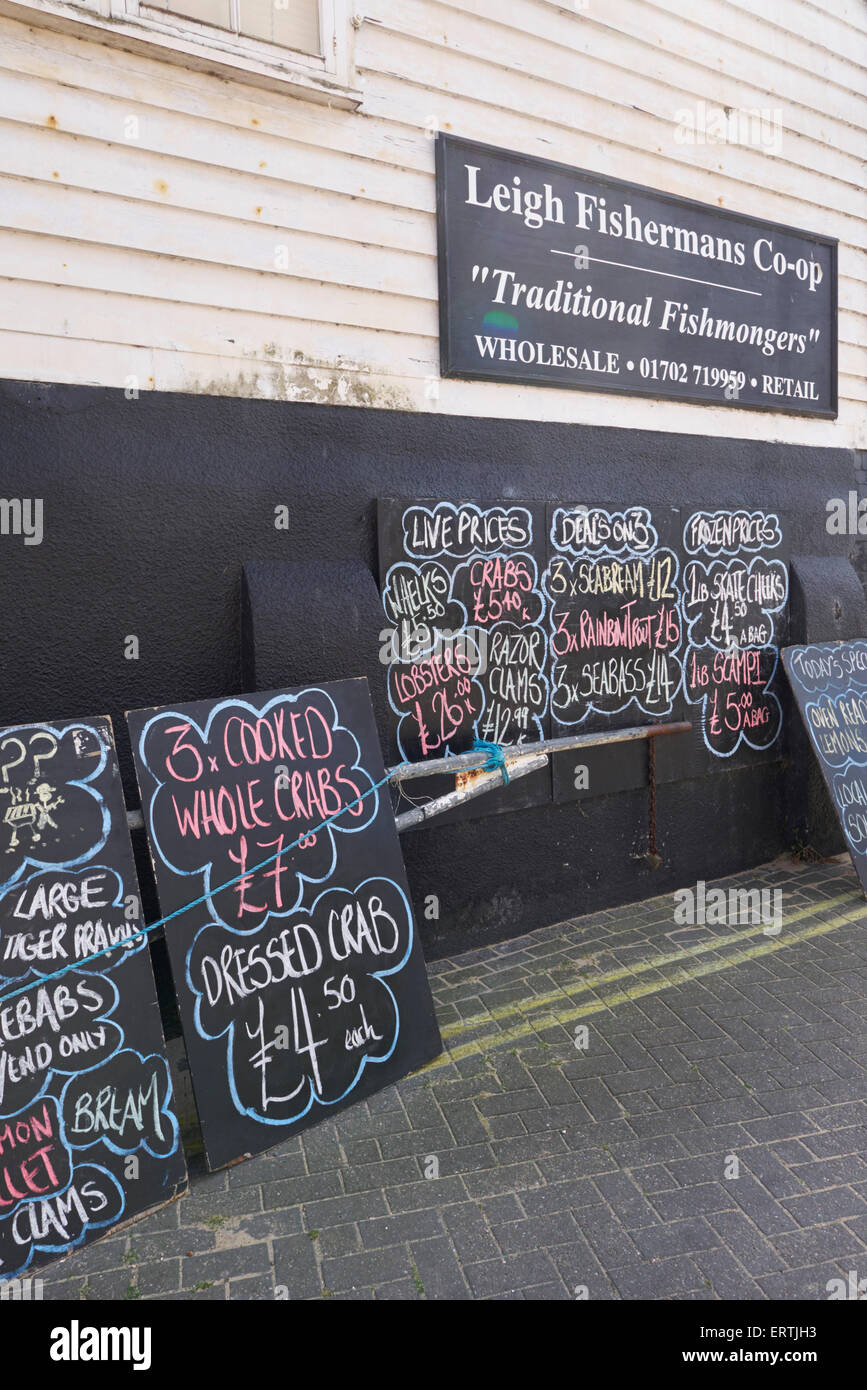 Leigh on sea fisherman's Coop chalk board signs Stock Photo Alamy