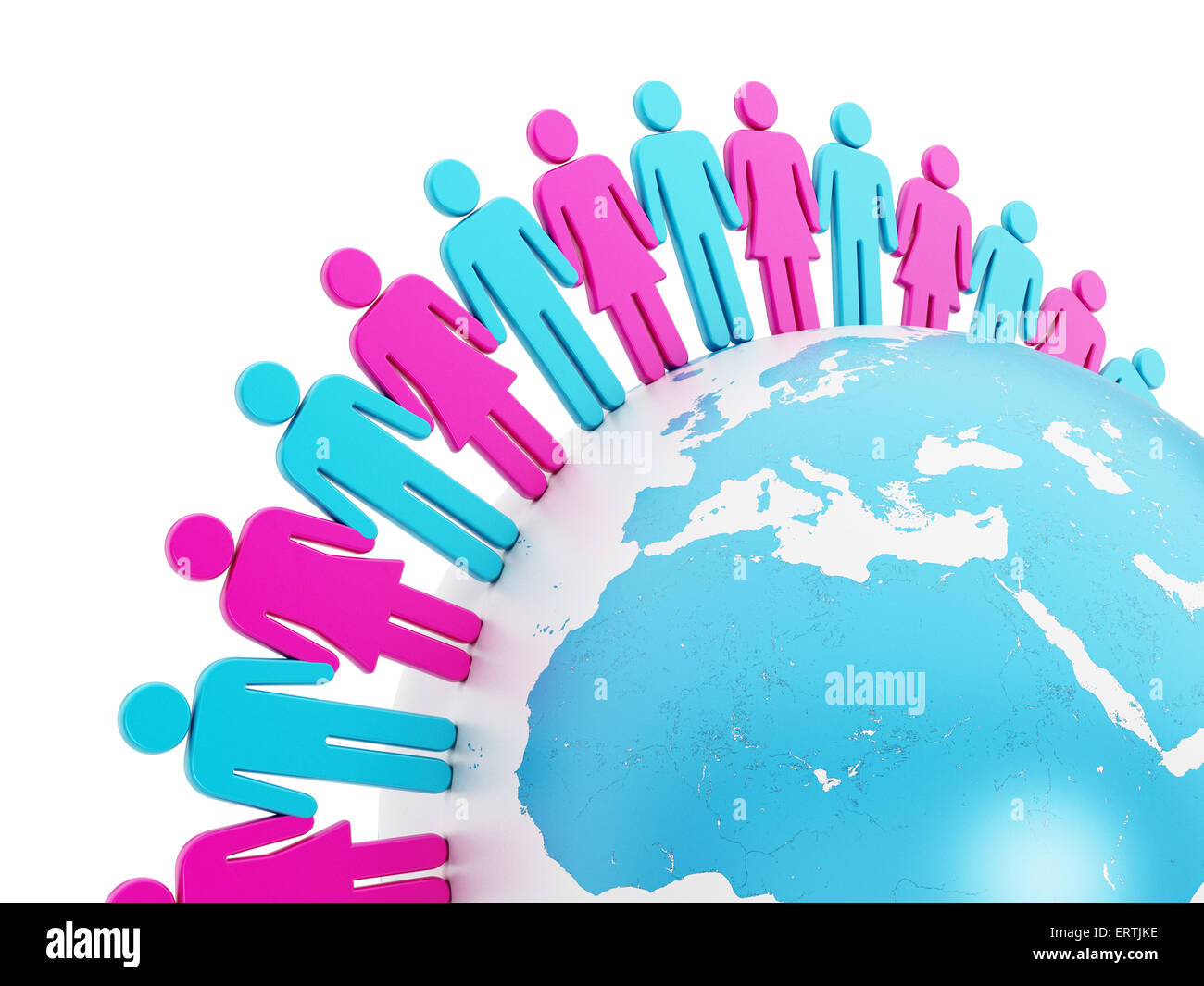 People holding hands around the Earth isolated on white background. Stock Photo