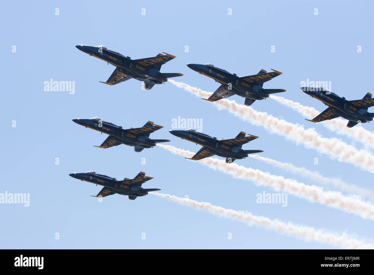 The Blue Angels flight demonstration squadron flyover prior to the 2015 US Naval Academy Graduation and Commissioning ceremony in Annapolis, Maryland. Stock Photo