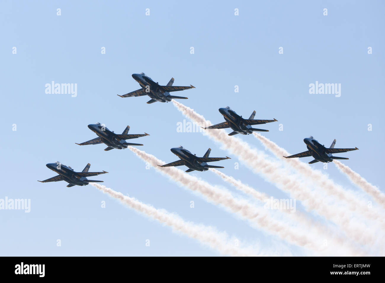 The Blue Angels flight demonstration squadron flyover prior to the 2015 US Naval Academy Graduation and Commissioning ceremony in Annapolis, Maryland. Stock Photo