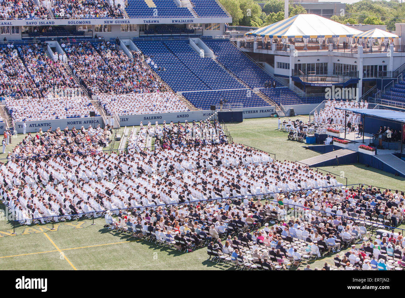 Overhead view of 2015 US Naval Academy Graduation and Commissioning Ceremony at Navy-Marine Corps Memorial Stadium in Annapolis. Stock Photo