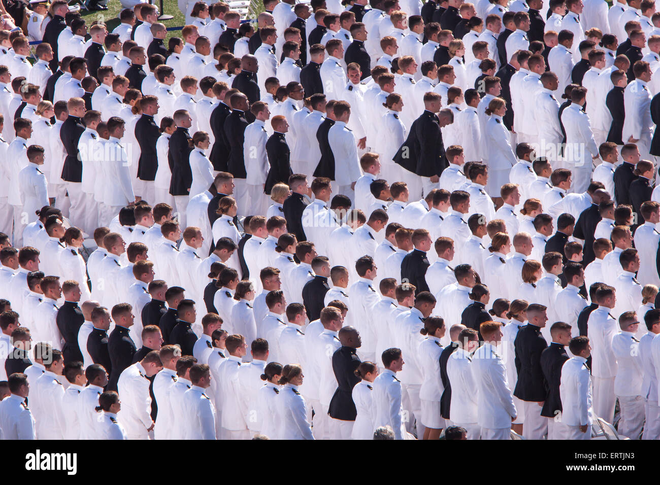 Overhead view of 2015 US Naval Academy Graduation and Commissioning Ceremony at Navy-Marine Corps Memorial Stadium in Annapolis. Stock Photo