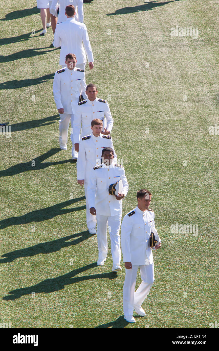 Overhead view of the Academic Processional at the 2015 US Naval Academy Graduation and Commissioning Ceremony. Stock Photo