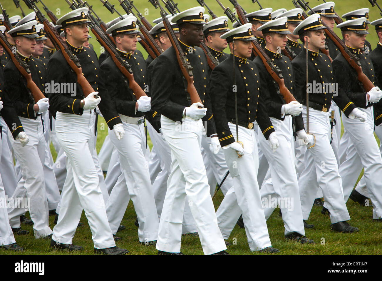 US Naval Academy cadets in formal dress march in the annual Color Parade at Worden Field on May 21, 2015 in Annapolis, Maryland. Stock Photo