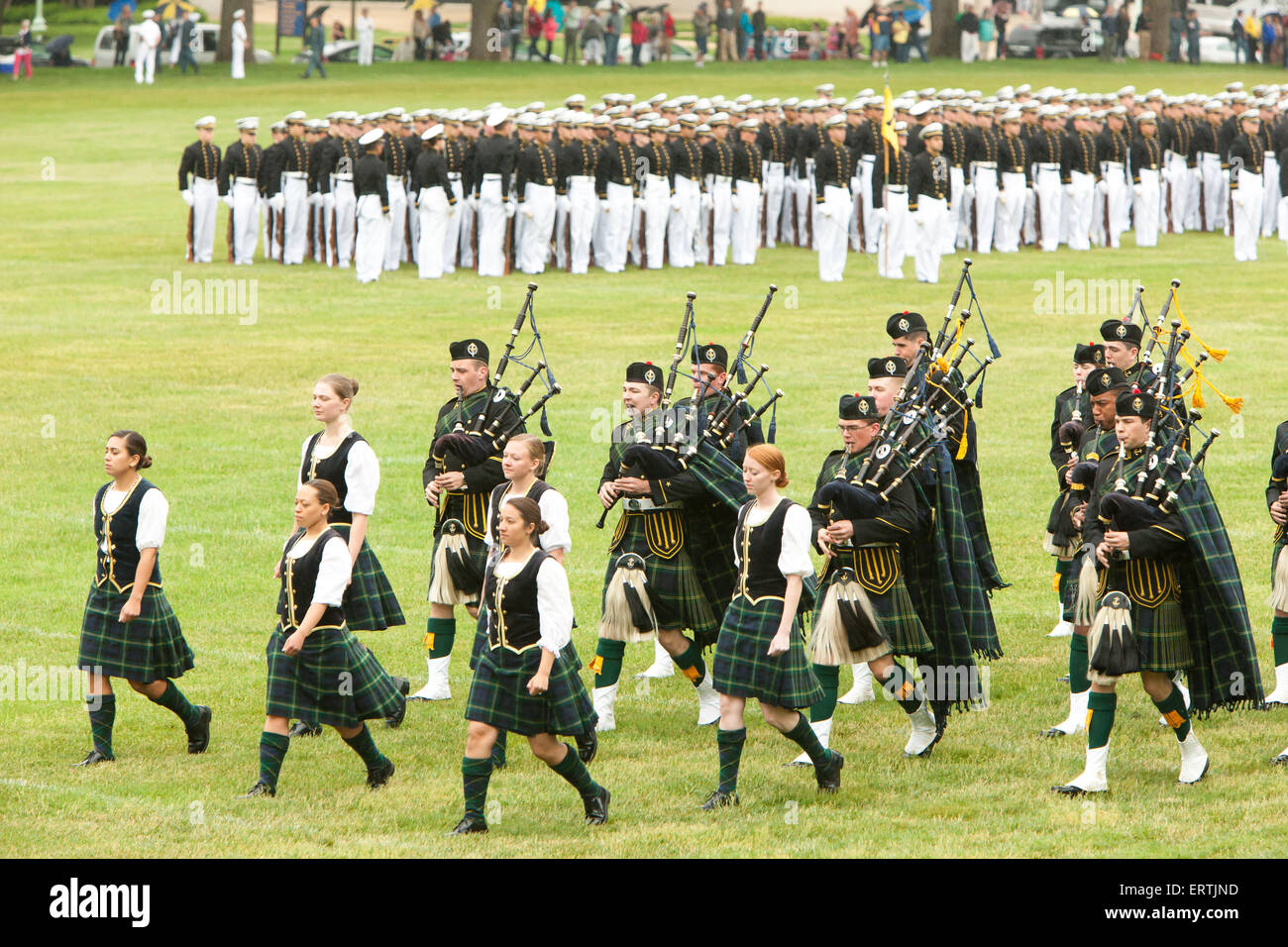 The US Naval Academy Pipes and Drums brigade marches during the Color Parade at Worden Field on May 21, 2015 in Annapolis, Maryland. Stock Photo