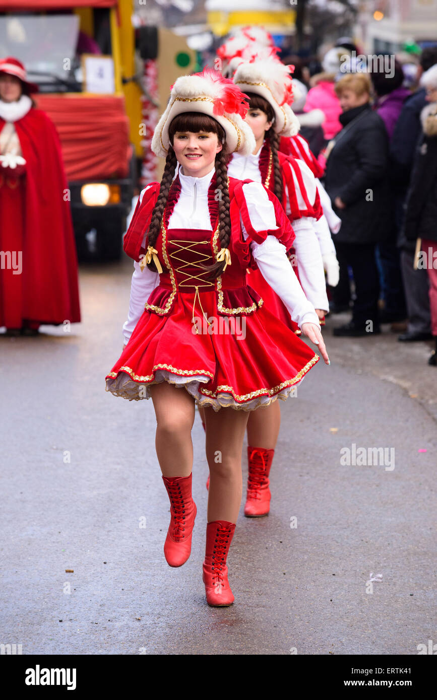 public carnival parade with colorful costumes at city Bad Hindelang in Bavaria, Germany Stock Photo