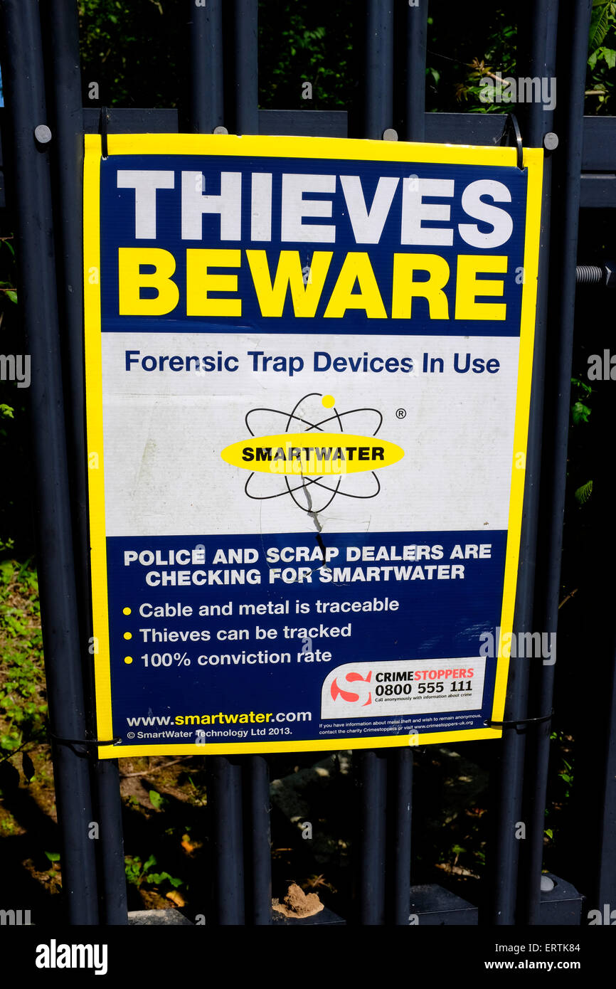 Thieves, Beware, sign, Smart Water, forensic trap device, scrap, theft