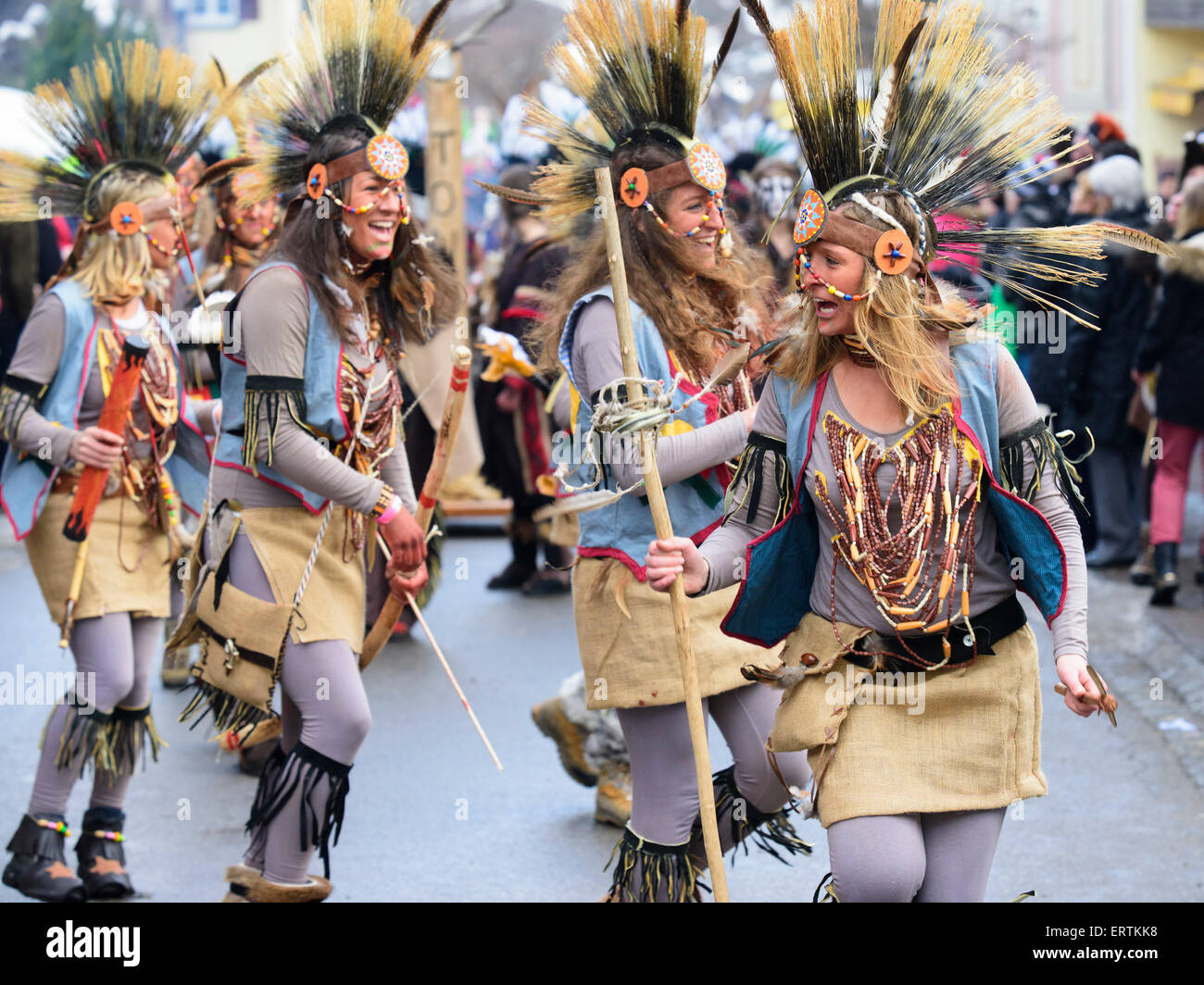 public carnival parade with colorful costumes at city Bad Hindelang in Bavaria, Germany Stock Photo