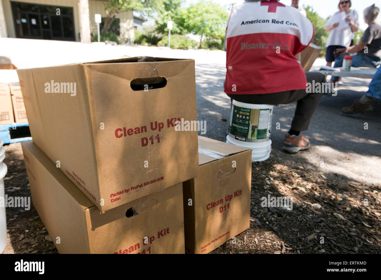 Emergency food supplies in cardboard boxes brought to Wimberley, Texas