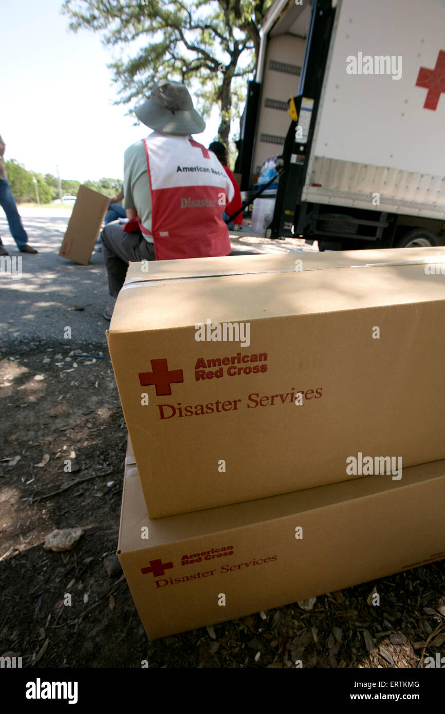 Emergency food supplies in cardboard boxes brought to Wimberley, Texas