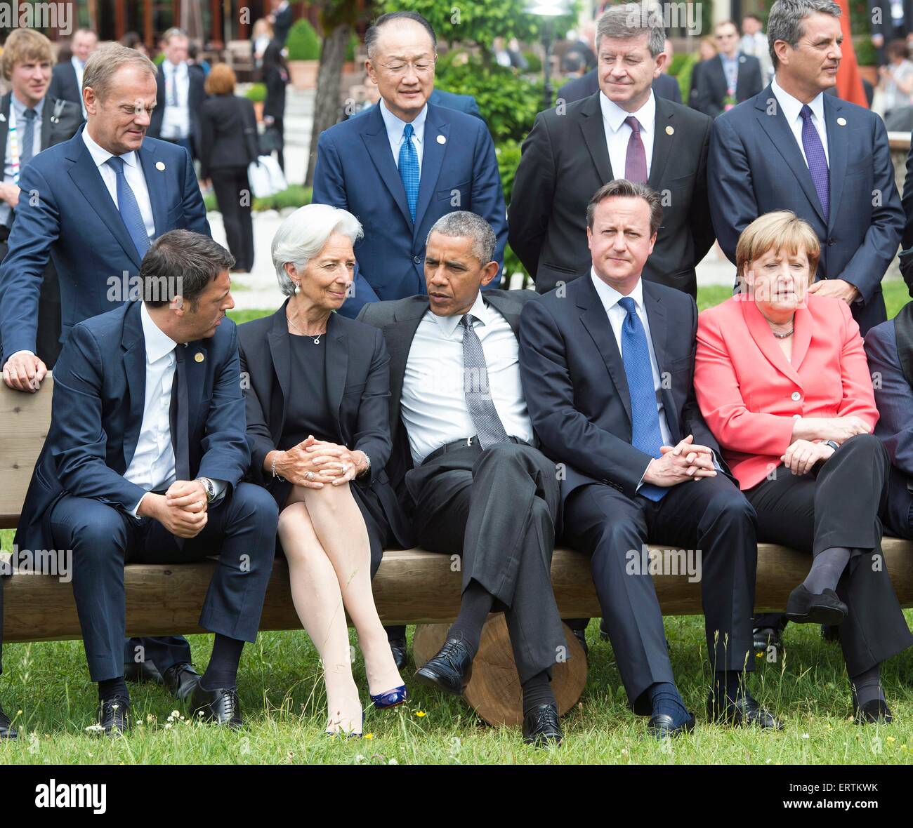 World leaders sit together during an extended group photo on the second day  of the G7 Summit meeting at the Schloss Elmau June 8, 2015 near  Garmisch-Partenkirchen, Germany. Included are (L to