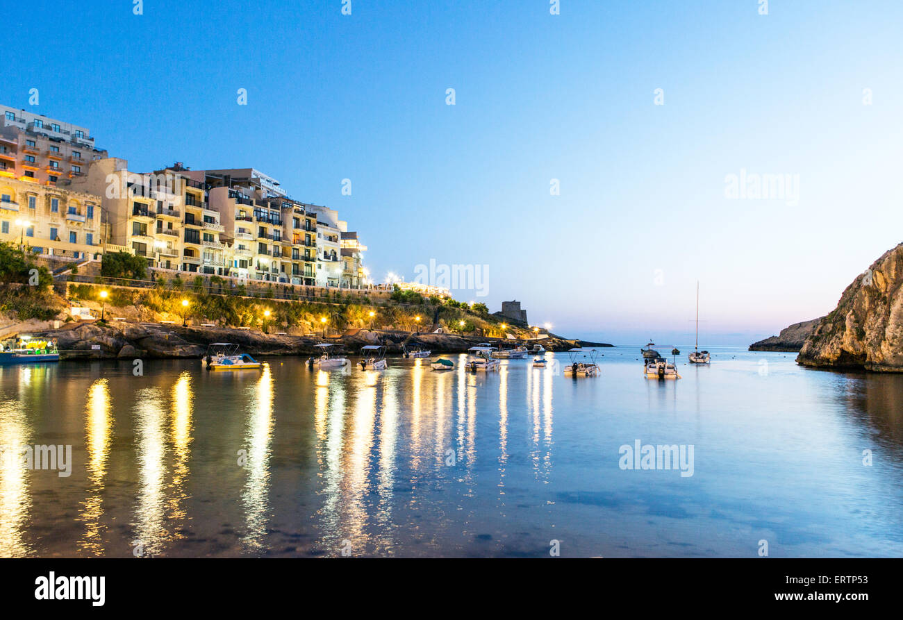 Xlendi Harbour at night Gozo Stock Photo