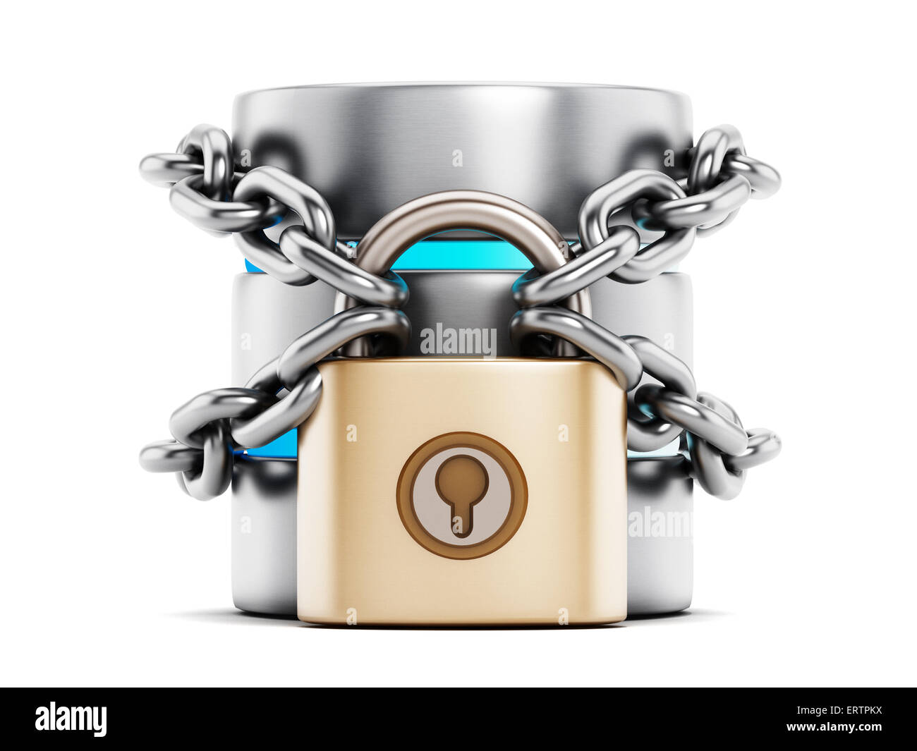 Network security concept, a padlock chained to the data storage server Stock Photo