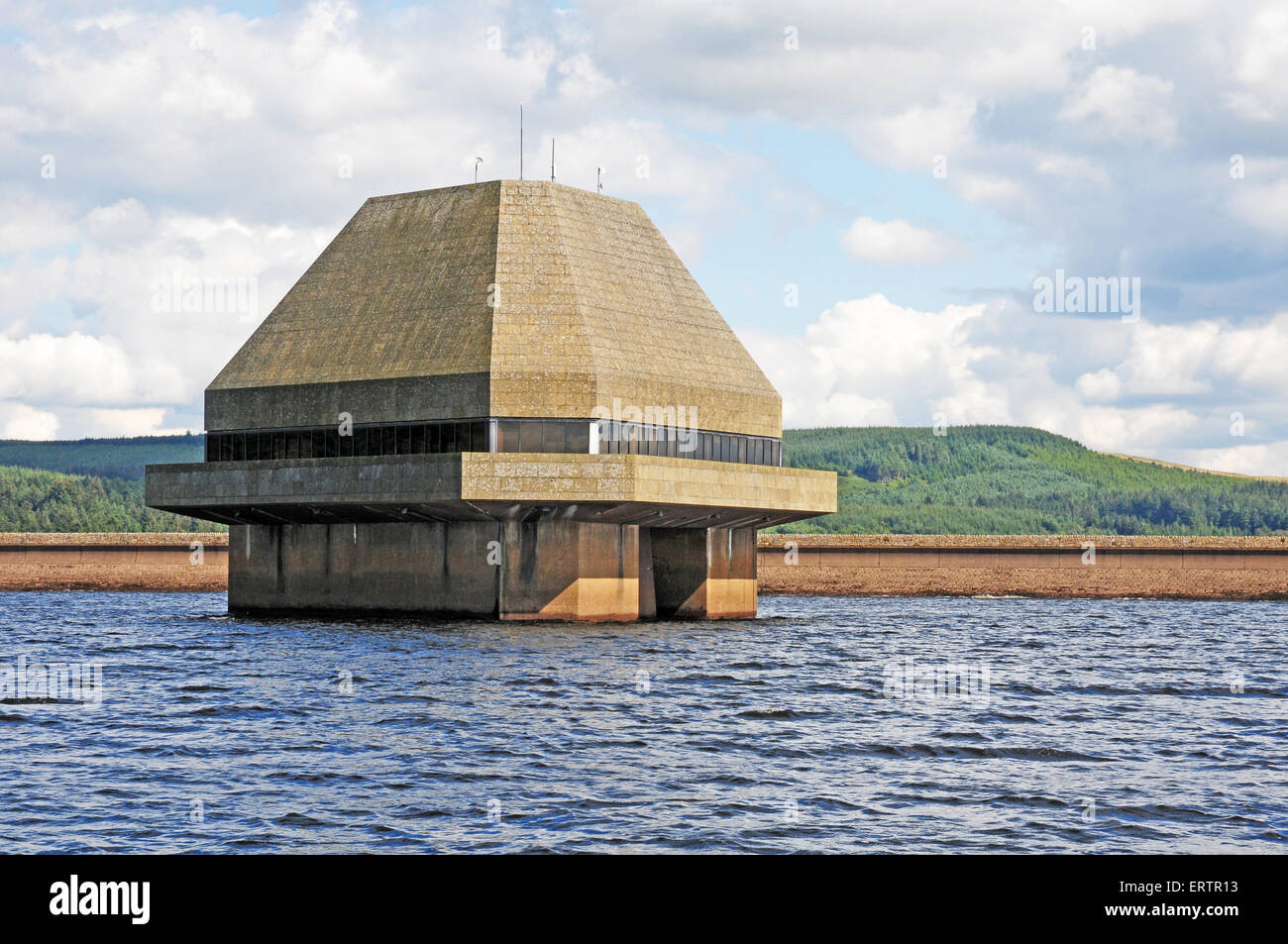 Dam and valve tower, Kielder Water, Northumberland Stock Photo