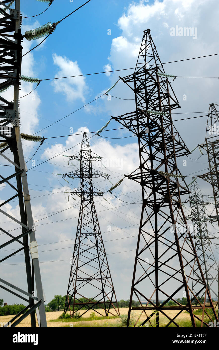 Set of towers for highvoltage electric lines Stock Photo Alamy