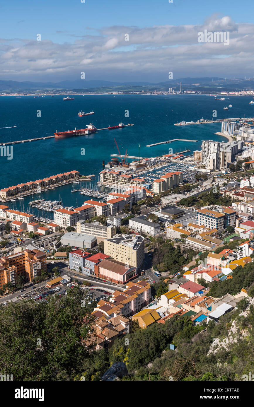 Aerial of Gibraltar city, Gibraltar, Europe from the top of the Rock of