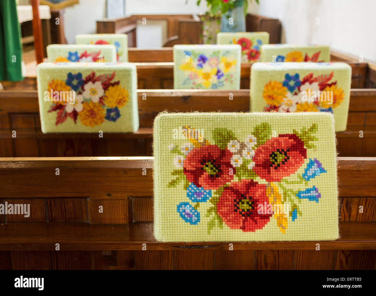 Embroidered prayer or kneeling cushion in a village church, England, UK Stock Photo Alamy