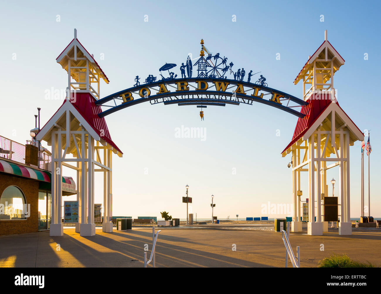 Famous sign above the deserted boardwalk of Ocean City, Maryland, United States of America Stock Photo