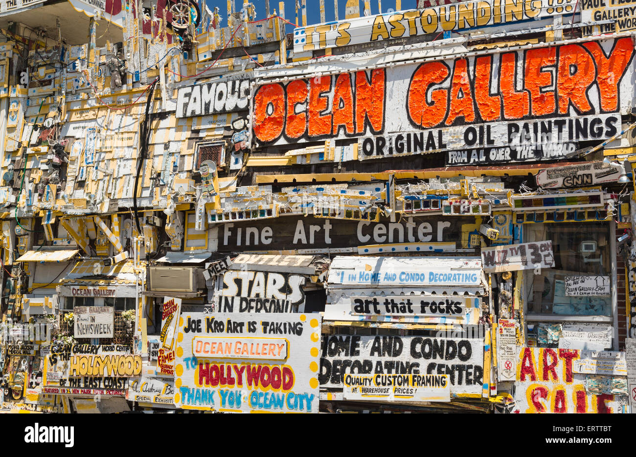 Complex and busy shop front of Ocean Gallery on boardwalk in Ocean City, Maryland, USA Stock Photo