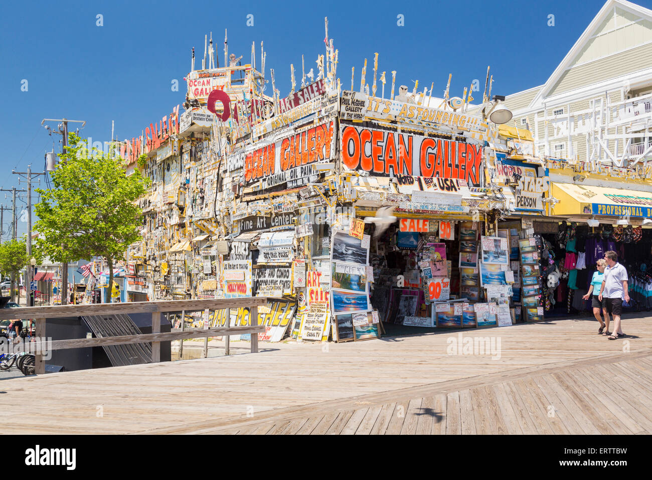 Complex and busy shop front of Ocean Gallery on boardwalk in Ocean City