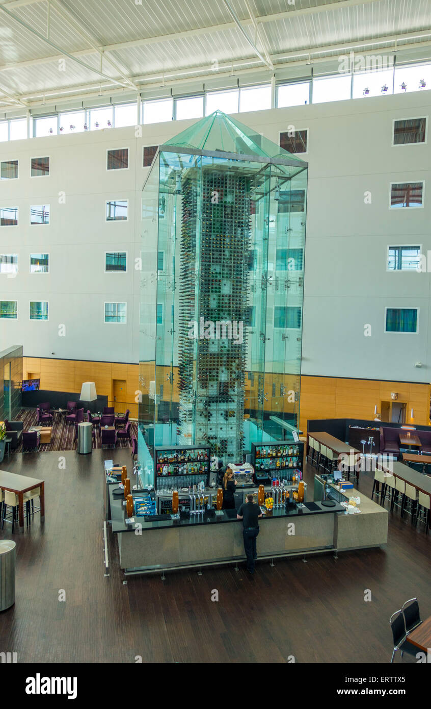 Radisson Blu Hotel wine tower and bar area, Stansted Airport, London Stock Photo
