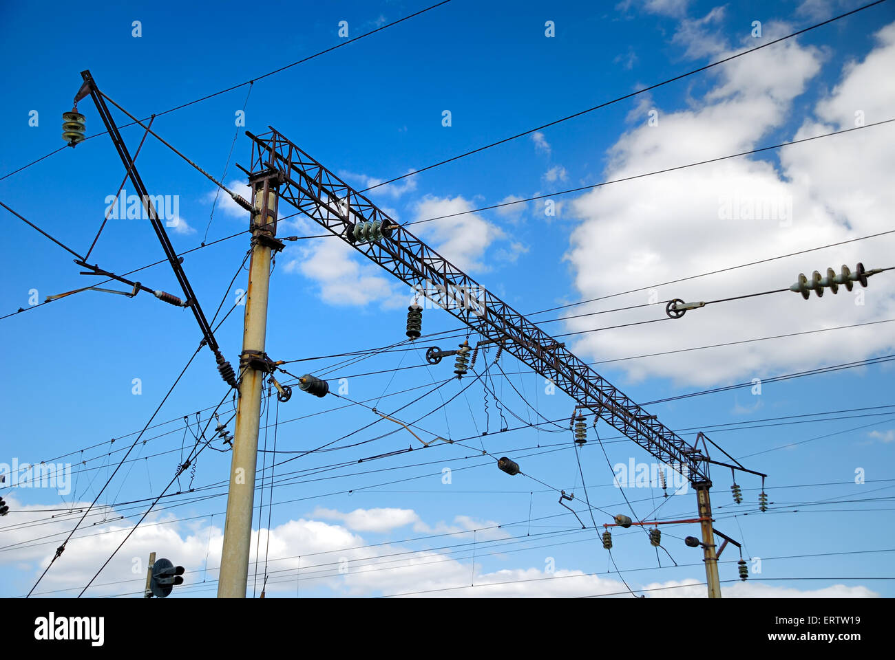 Railway highvoltage line of power supplies Stock Photo Alamy