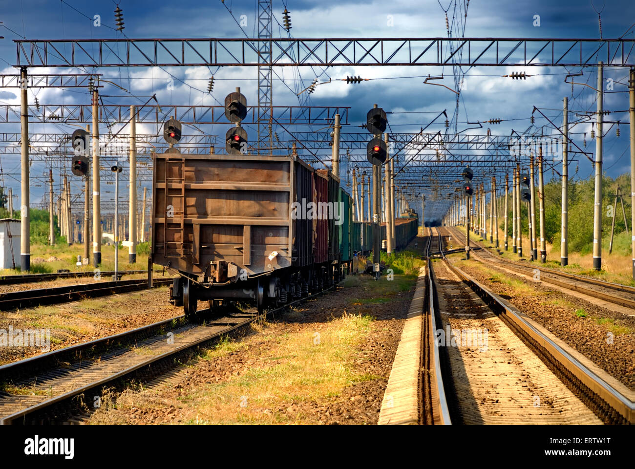 The railroad train with cars Stock Photo - Alamy