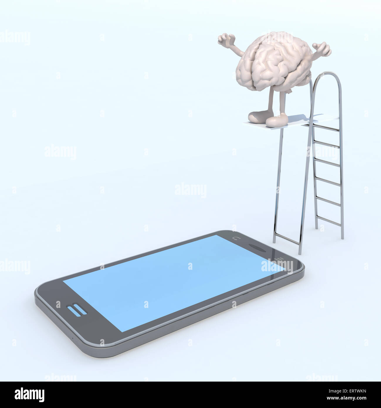 human brain on ladder pool that plunges on the mobile phone screen, 3d illustration Stock Photo