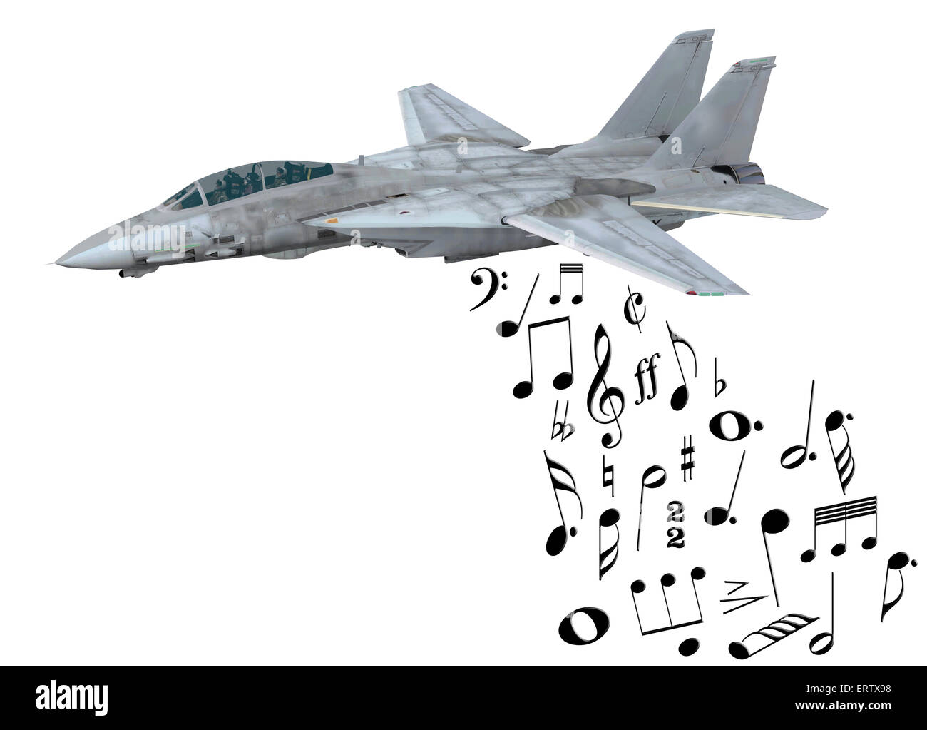 warplane launching musical notes instead of bombs, 3d illustration Stock Photo